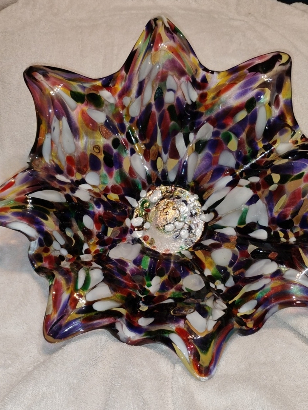 Murano Purple Green Red Yellow Multicolor Starburst Art Glass Bowl